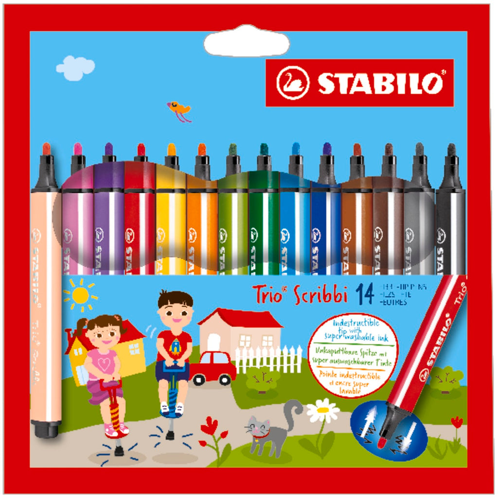 STABILO Trio Scribbi Feutres triangulaires à pointe fibre avec pointe montée sur ressort - Lot de 14 couleurs assorties