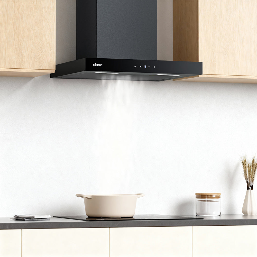 CIARRA Hotte aspirante à recirculation, commande tactile Wi-Fi et app, 650 m³/h, fixation murale, 4 vitesses avec booster, filtres en aluminium noir, classe énergétique A+++ - 60 cm