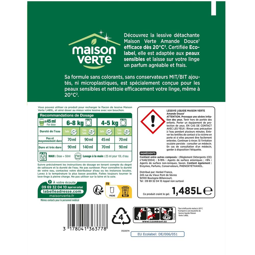 Maison Verte Lessive doypack amande peaux sensibles 33 lavages 1,485 L