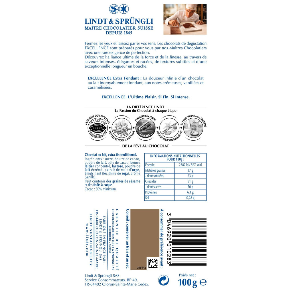 LINDT excellence chocolat au lait extra fondant tablette 100g