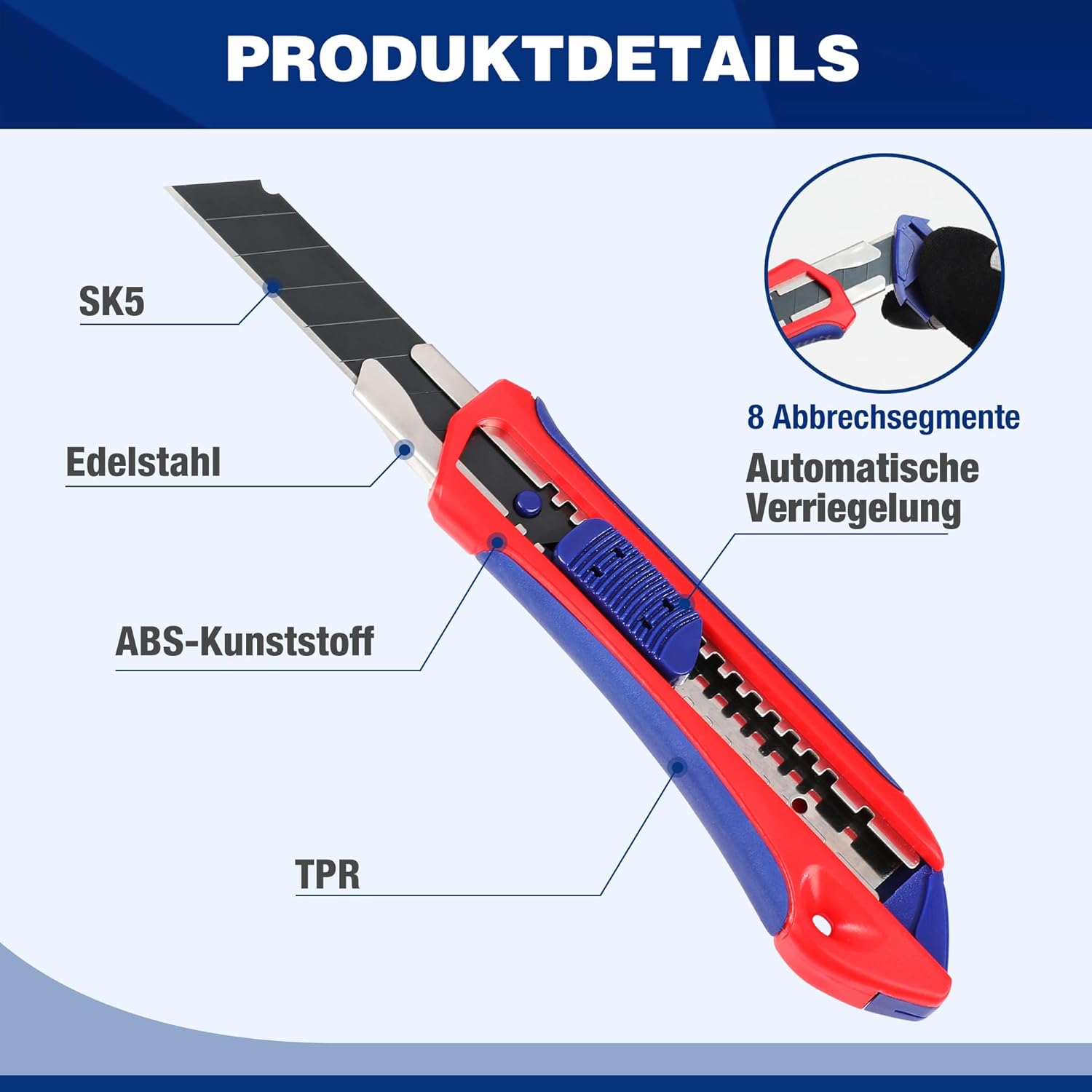 WORKPRO Lot de 3 cutters 18 mm avec 10 lames de rechange SK5, poignée en caoutchouc, lame sécable, pour carton et découpe multi-usage