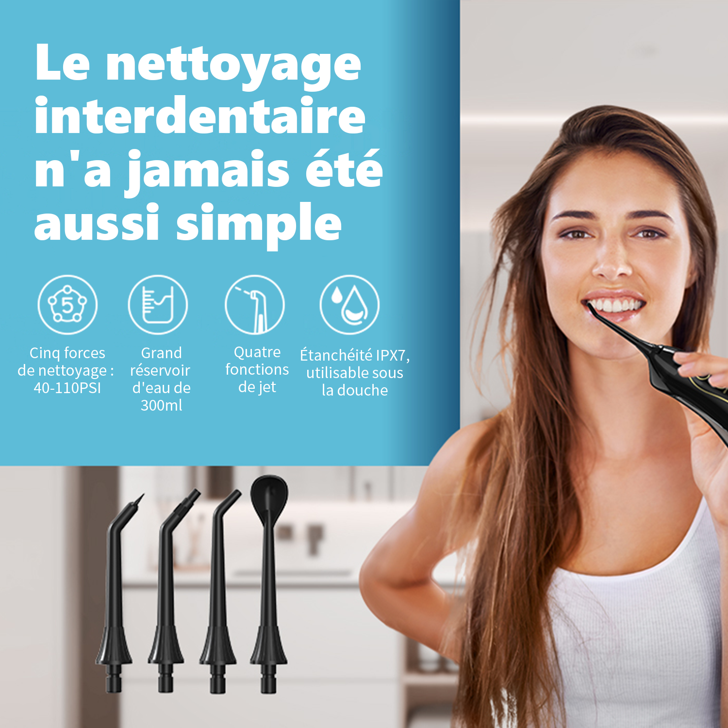 Sunluxy Hydropulseur dentaire portable sans fil, forte pression d’eau 140 PSI, 5 modes, buse rotative 360°, grand réservoir 300 ml, autonomie 40 jours, équipé de 4 types de buses, F5 Noir