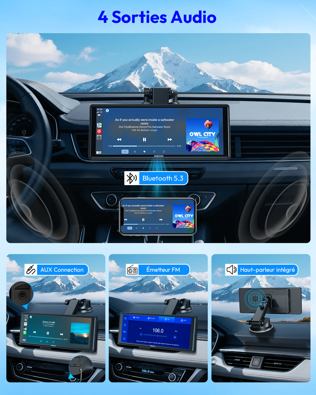 ESSGOO 10,26 Pouces Écran CarPlay HD Portable, CarPlay Sans Fil & Android Auto & Mirror Link, Mise à jour OTA, Navigation GPS, Musique, Commande Vocale, Logo de démarrage personnalisé