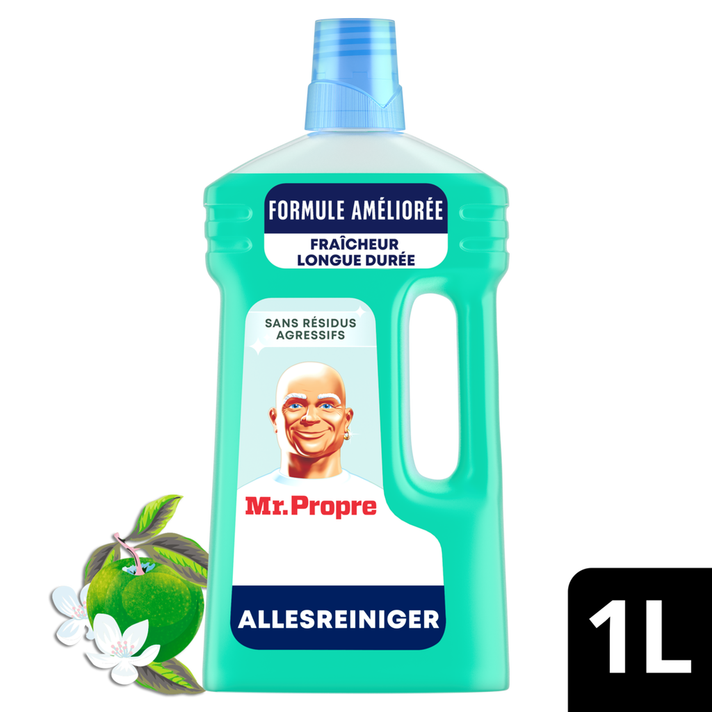 Mr. Propre Nettoyant Liquide Sol Multi-Usages 1L, Parfum Fleurs de Pommier, Élimine Jusqu'à 99.9% Graisse et Saleté, Sans Traces, Fraîcheur Longue Durée