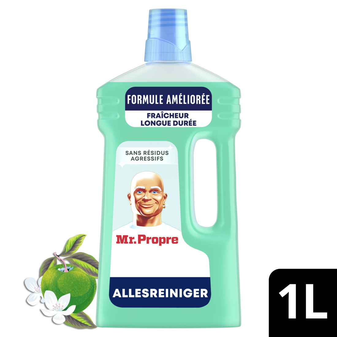 Mr. Propre Nettoyant Liquide Sol Multi-Usages 1L, Parfum Fleurs de Pommier, Élimine Jusqu'à 99.9% Graisse et Saleté, Sans Traces, Fraîcheur Longue Durée