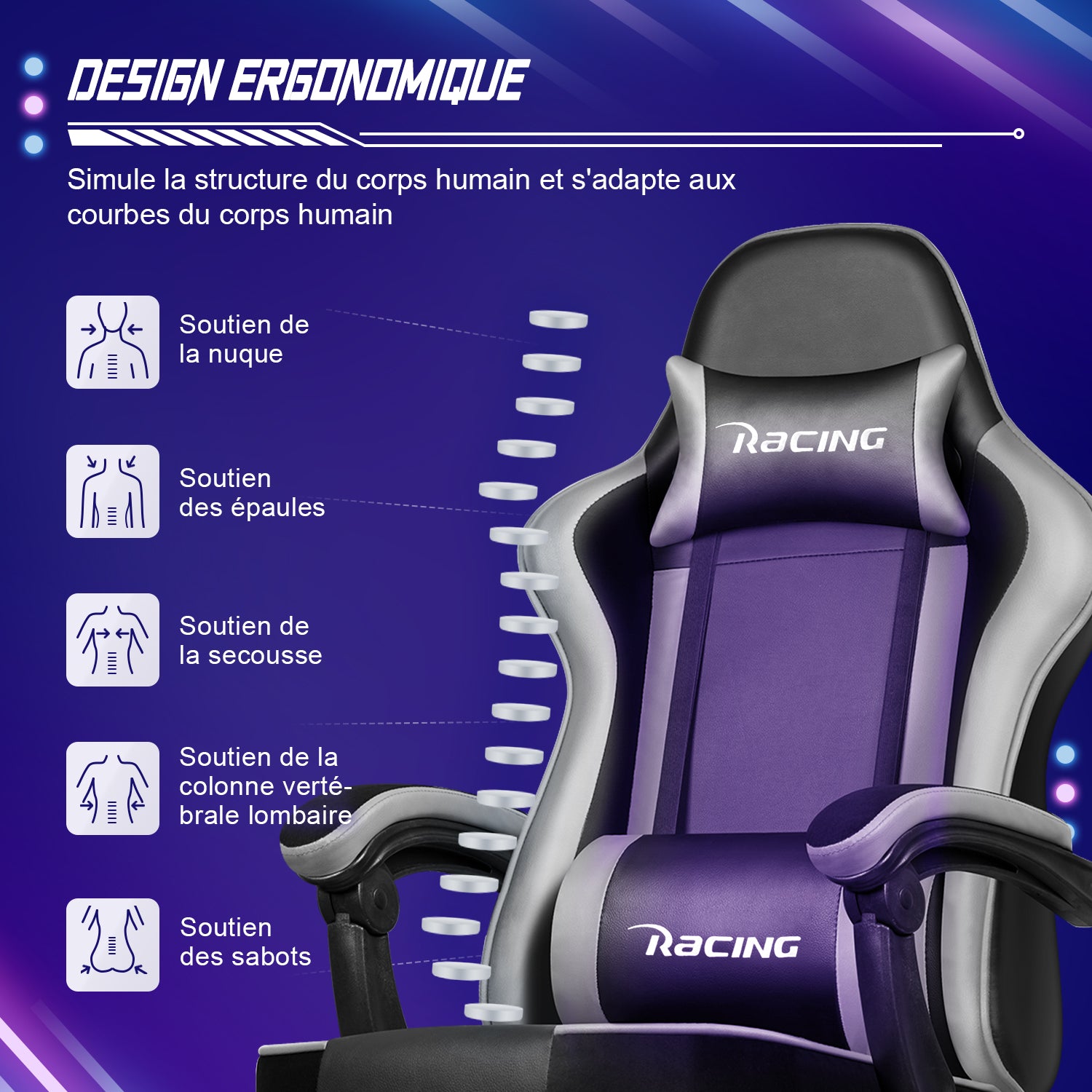 GTIMEX Chaise de gaming ergonomique réglable avec repose-pieds télescopique, appui-tête et soutien lombaire capacité de 150 kg - Gris