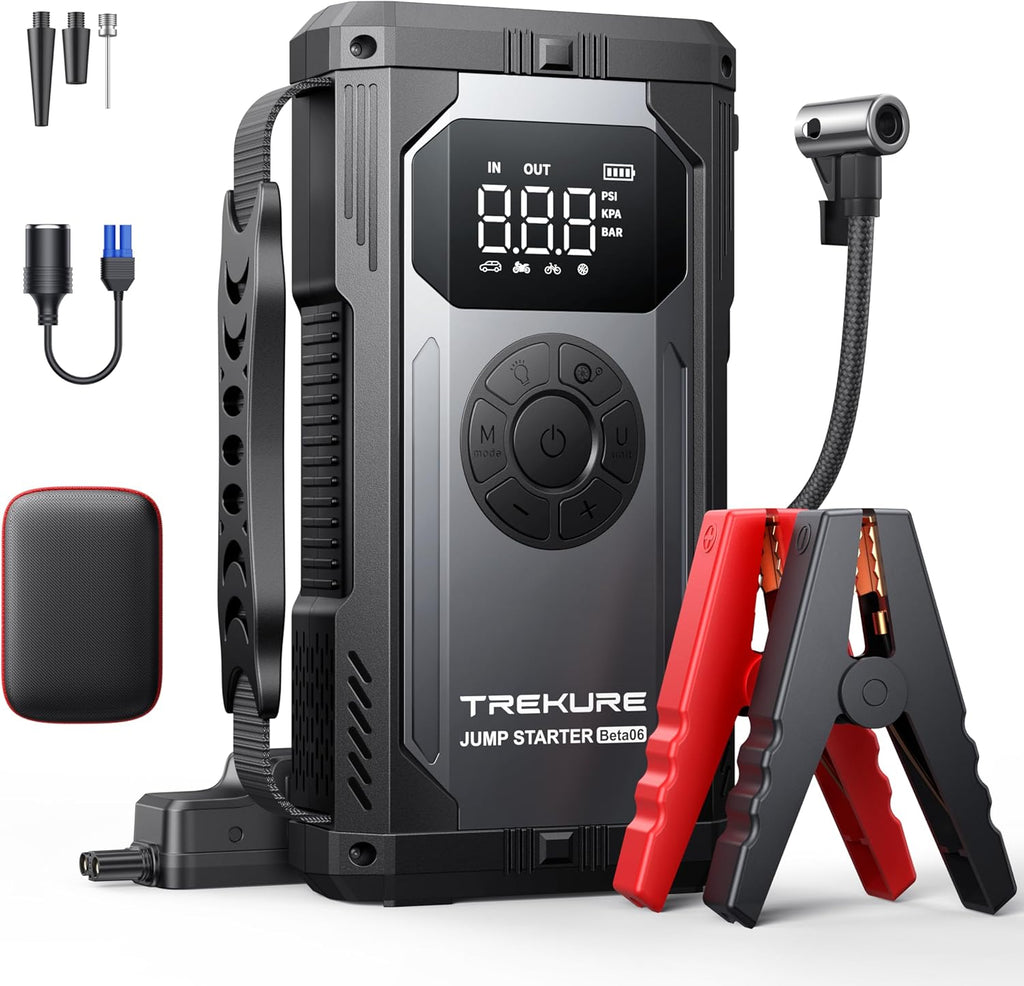 TREKURE Beta06 Booster de démarrage avec compresseur d’air 150 psi, 5500 A de crête, batterie de secours portable 12 V, câbles de démarrage