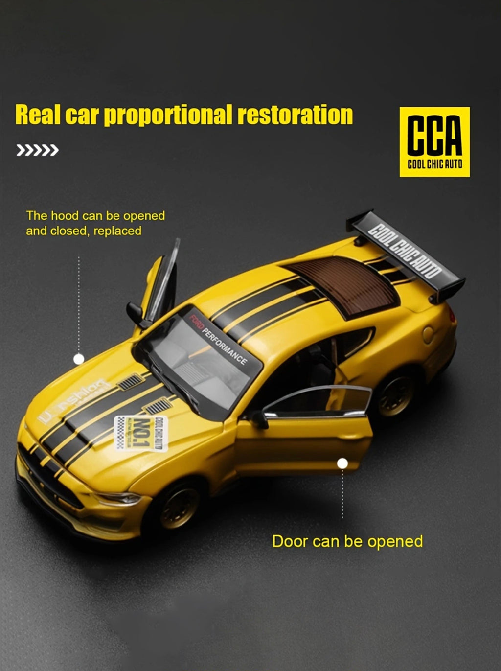 CCA Voiture miniature 2018 Ford Mustang GT jaune classique à l'échelle 1:42 – Kit DIY avec portes ouvrantes et pièces interchangeables ; un modèle réduit de collection de grande valeur