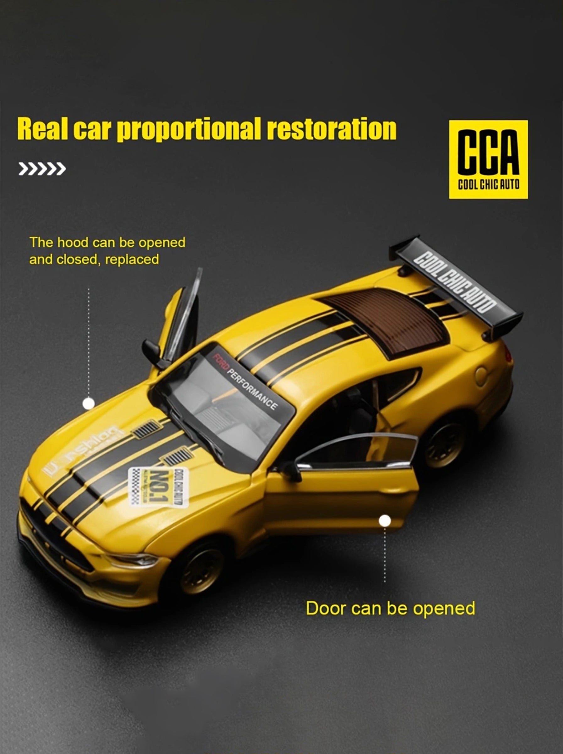 CCA Voiture miniature 2018 Ford Mustang GT jaune classique à l'échelle 1:42 – Kit DIY avec portes ouvrantes et pièces interchangeables ; un modèle réduit de collection de grande valeur