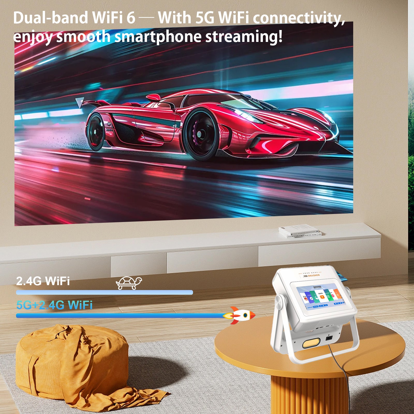 XBJ Projecteur d'extérieur avec tablette tactile, Écran géant de 300" pour projecteur intelligent de home cinéma, Supporte natif 1080P/4K, Avec système Android, 800 ANSI