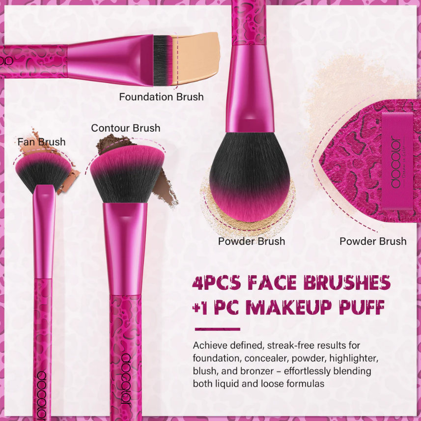 Docolor Coffret Cadeau 12 Pièces Pinceaux de Maquillage Imprimé Léopard Fuchsia