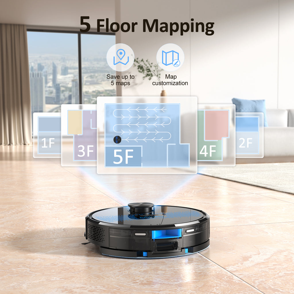 Lubluelu SL60D Aspirateur Robot Laveur, 2 en 1, Aspiration 4000 Pa, Navigation Laser avec 5 Cartes, Faible Bruit 55 dB, Contrôlé par Application, Pour Poils d'Animaux, Tapis, Sols Durs