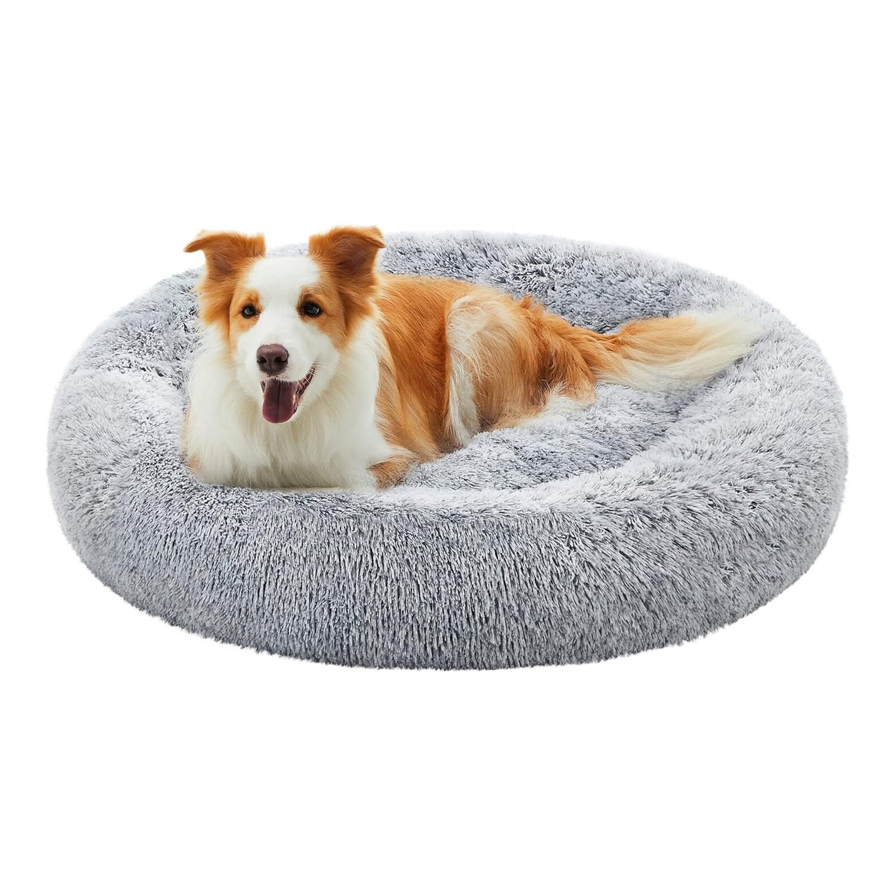Feandrea Panier pour Chien, Lit Ronde en Forme de Beignet, Canapé, Coussin Central Amovible et Lavable, Tissu Peluche Doux, ?100 cm, Gris Ombré PGW042G01