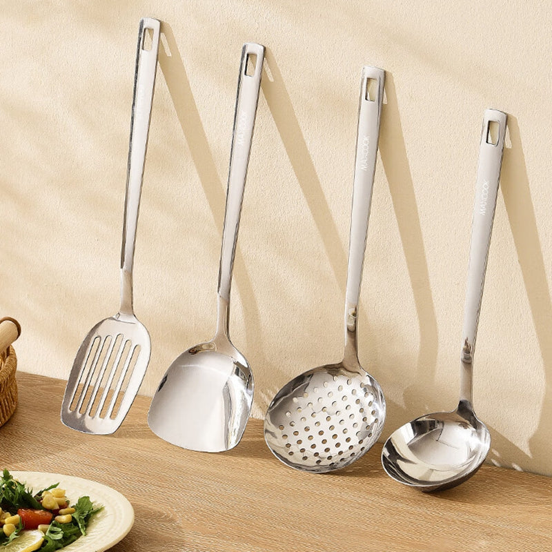 Maxcook Set de 4 ustensiles de cuisine en acier inoxydable, comprend spatule à wok, retourneur ajouré, louche à soupe, écumoire