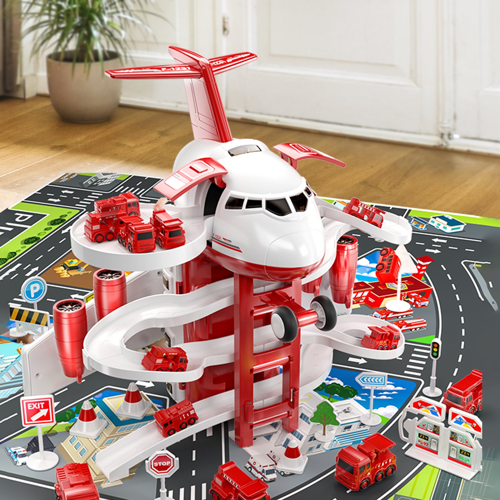 Jouet avion avec voitures de pompiers et tapis de jeu, avion avec lumières et sons pour garçons et filles