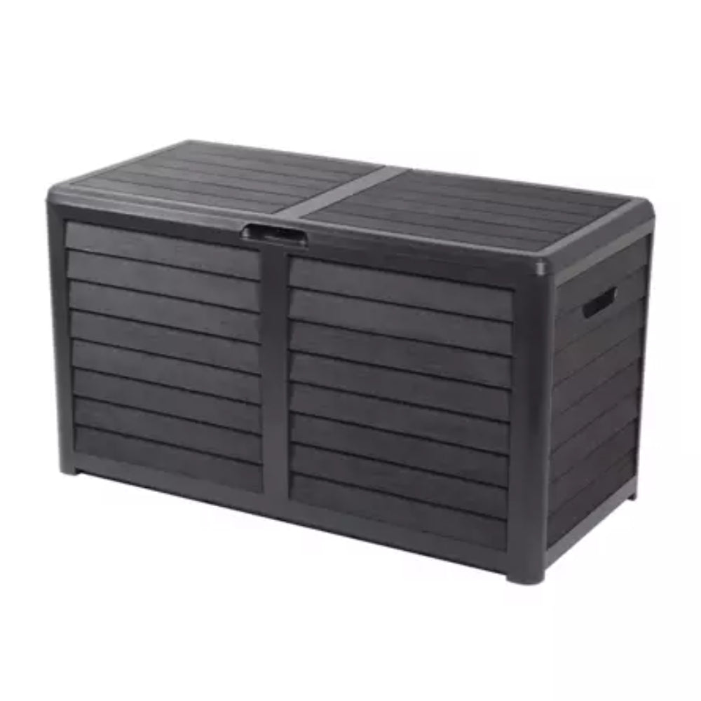 EDA Baya Coffre de rangement de jardin 420 L, Gris anthracite, Aspect grain de bois, Ventilé, Protection UV, Verrouillable, Montage sans outils, 117,3 x 54,8 x 65,3 cm