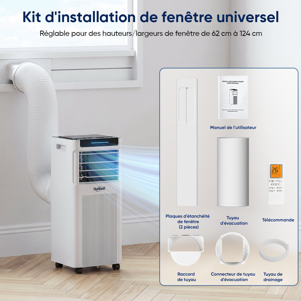 Humhold 7000 BTU climatiseur portable, unité de climatisation 3 en 1 de 2,0 kW avec modes refroidissement, déshumidification et ventilation, mode veille silencieux, minuterie de 24 heures, réfrigérant R290, kit fenêtre inclus