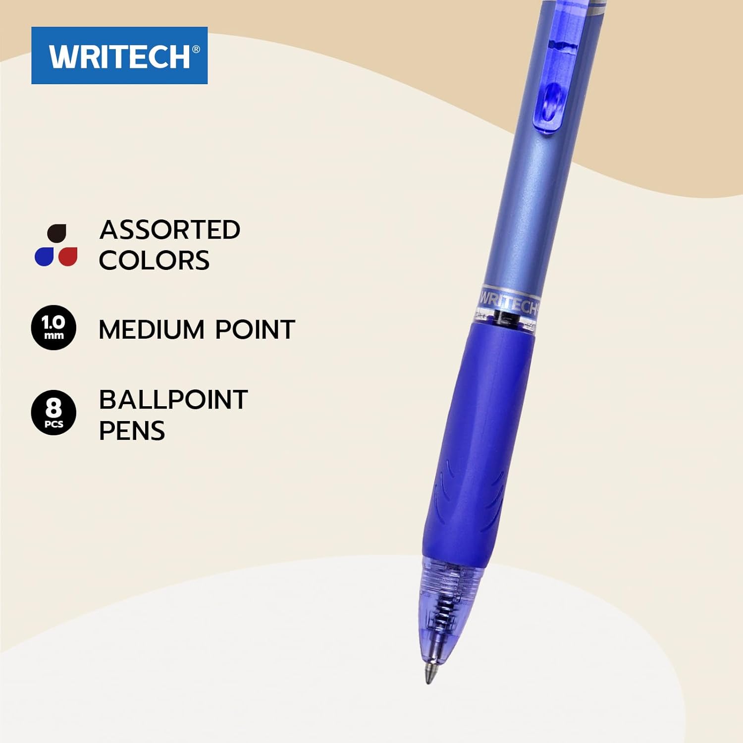 WRITECH Lot de 8 stylos à bille rétractables, pointe moyenne 1,0 mm, encre noire, bleue et rouge, écriture fluide, encre à faible viscosité