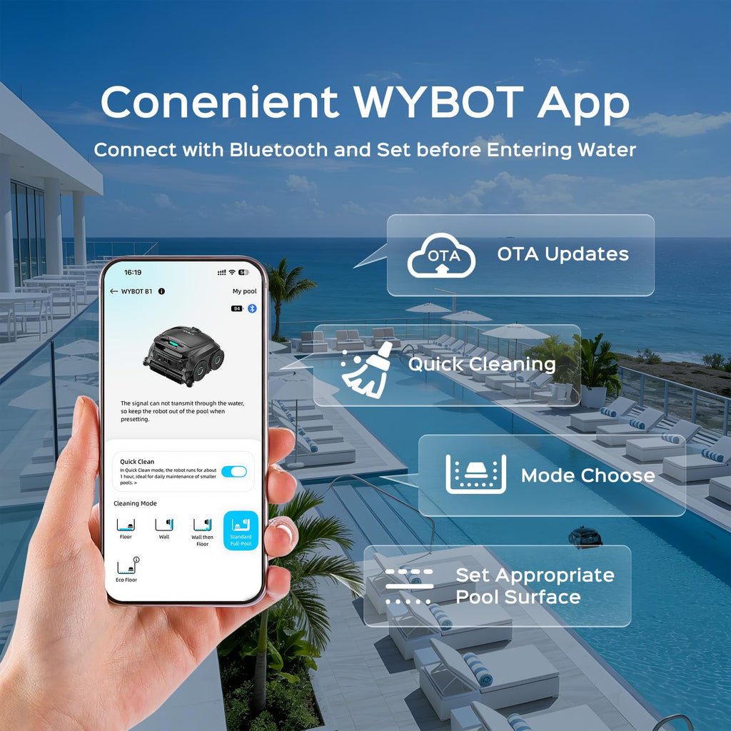 WYBOT B1 robot nettoyeur de piscine, mise à jour OTA, nettoyage du fond et des parois, aspirateur de piscine sans fil 120 min d'autonomie pour piscines enterrées et hors sol