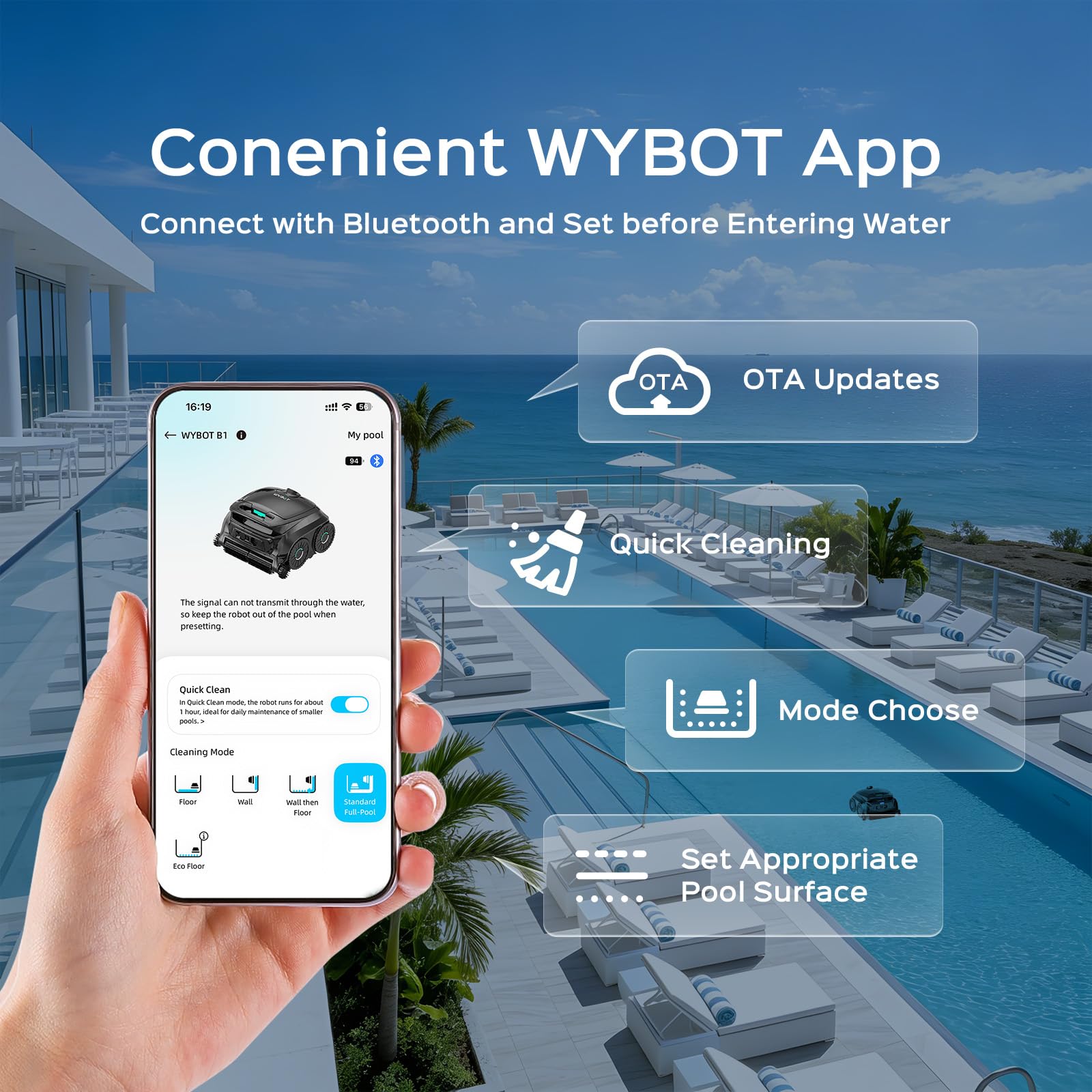 WYBOT B1 robot nettoyeur de piscine, mise à jour OTA, nettoyage du fond et des parois, aspirateur de piscine sans fil 120 min d'autonomie pour piscines enterrées et hors sol