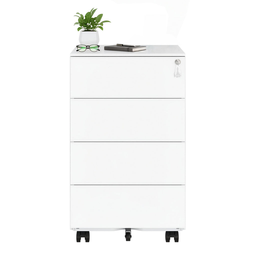 JOYFURNOS Armoire à dossiers mobile préassemblée blanc nuage – verrouillable, 4 tiroirs, rangement pour documents et fournitures