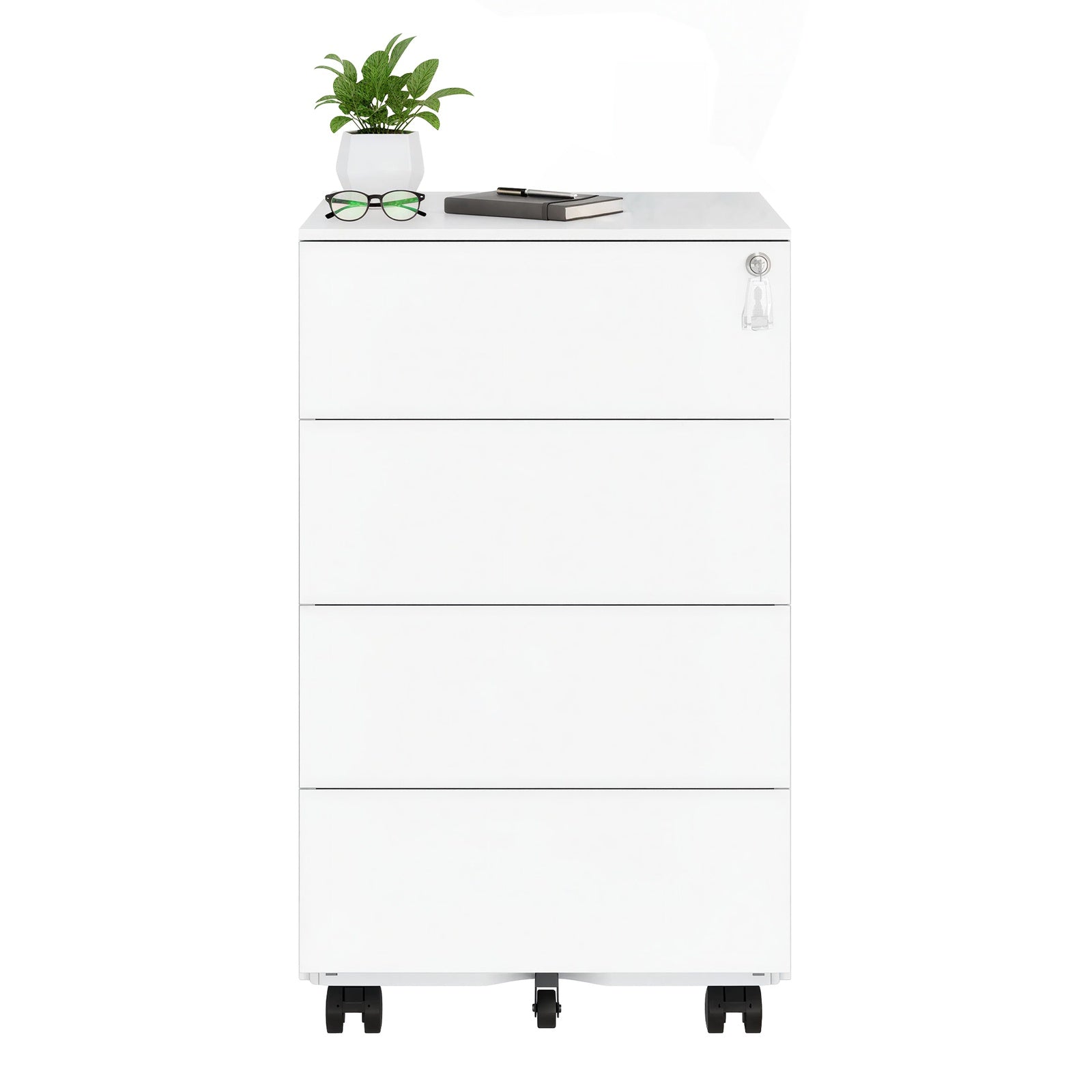 JOYFURNOS Armoire à dossiers mobile préassemblée blanc nuage – verrouillable, 4 tiroirs, rangement pour documents et fournitures