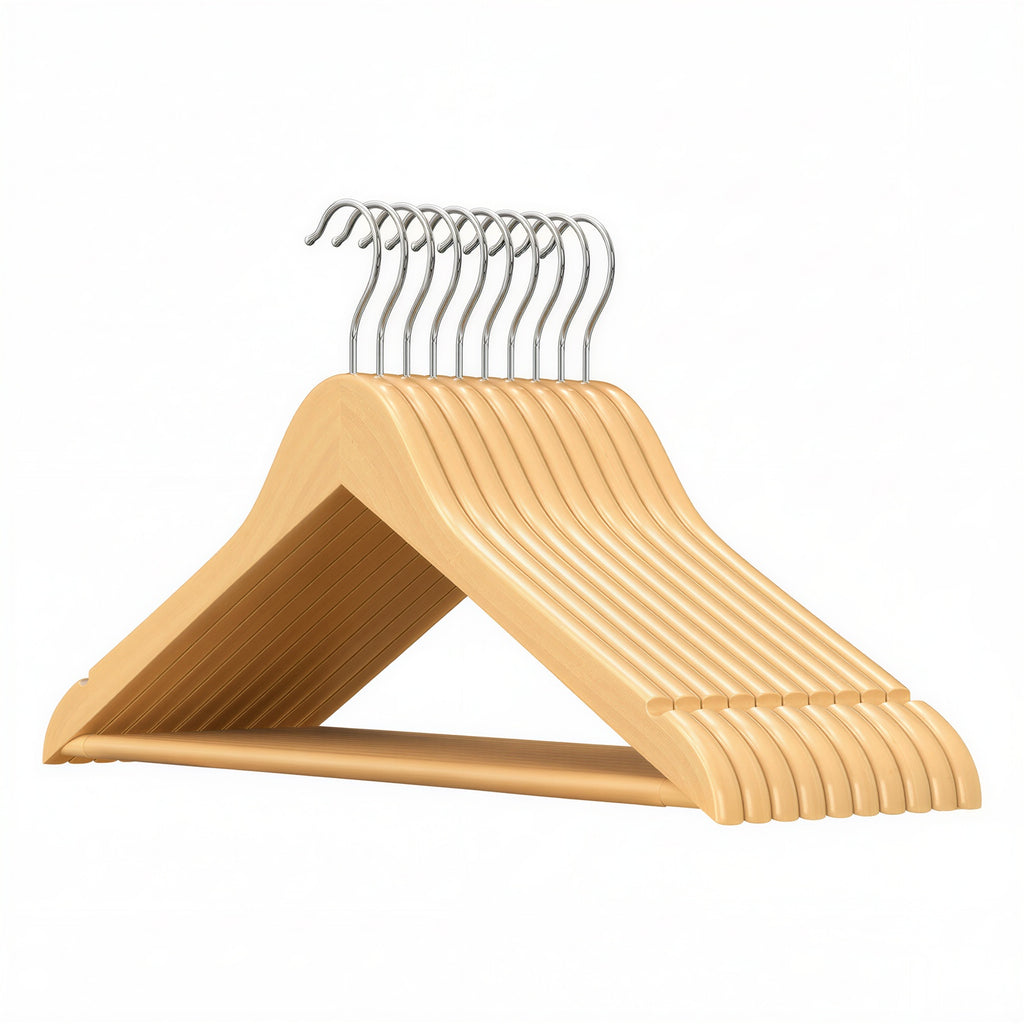 Ochama Lot de 10 cintres à manteaux en bois naturel – encoches d’épaule antidérapantes, crochet pivotant argenté 360° – parfaits pour costumes, chemises et manteaux