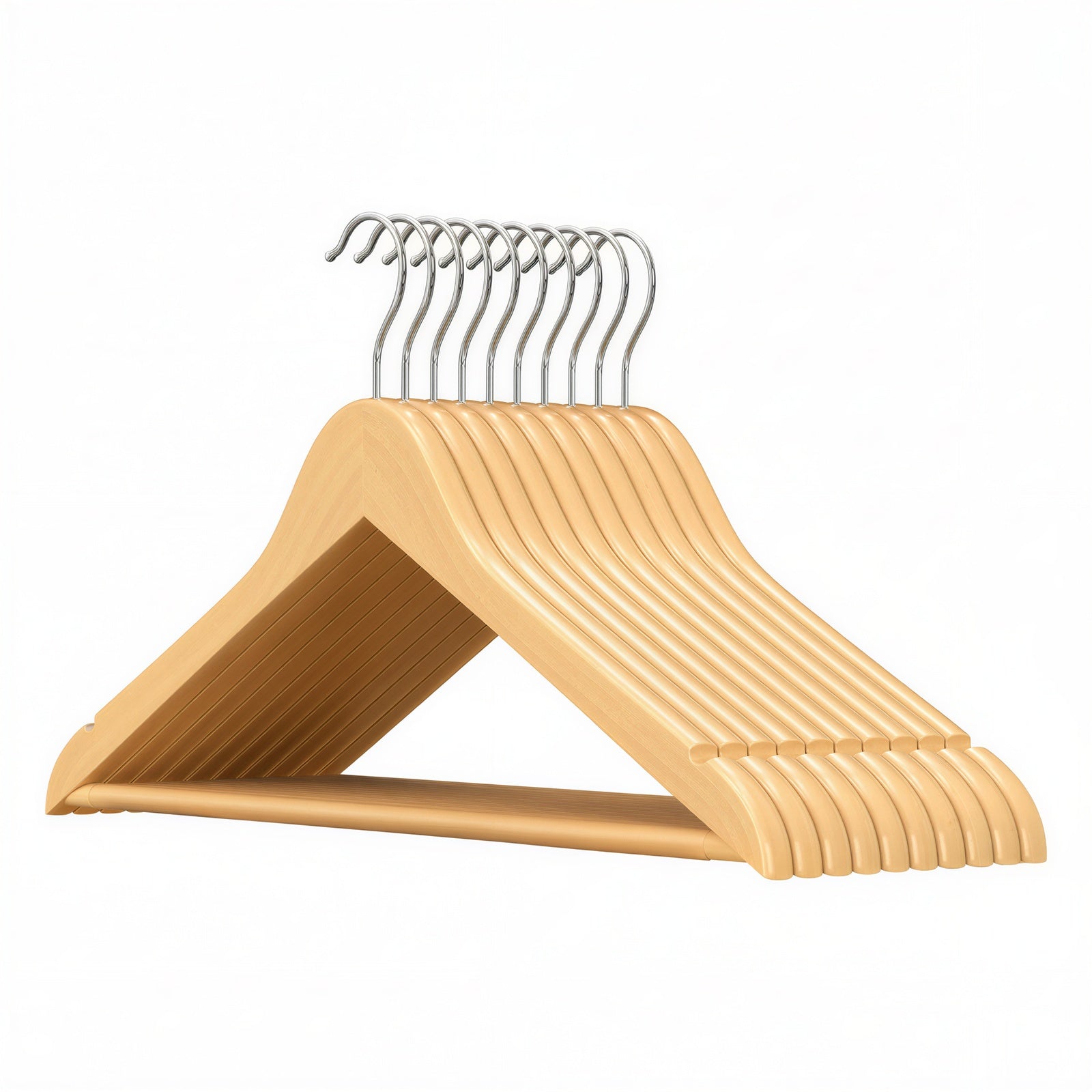 Ochama Lot de 10 cintres à manteaux en bois naturel – encoches d’épaule antidérapantes, crochet pivotant argenté 360° – parfaits pour costumes, chemises et manteaux