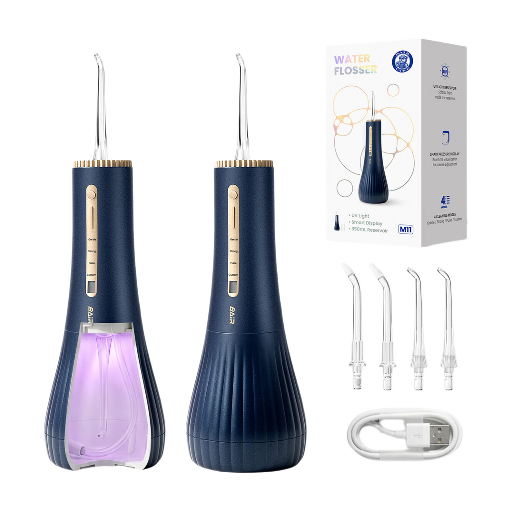 BAIR CARE M11 Hydropulseur dentaire avec assainissement UV (99,9 % d’élimination des bactéries), Très grand réservoir 360 ml, Rangement des buses, Rechargeable USB-C