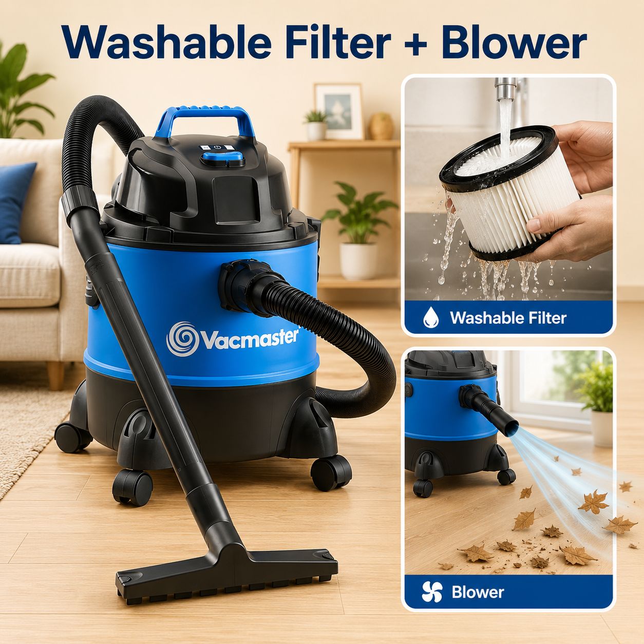 Vacmaster VQ1220PF Aspirateur Eau et Poussière 3-en-1 avec Soufflerie, Moteur 1250 W, Puissance d’Aspiration 200 AW, Cuve Antichoc 20 L, Compact pour Maison, Garage et Voiture