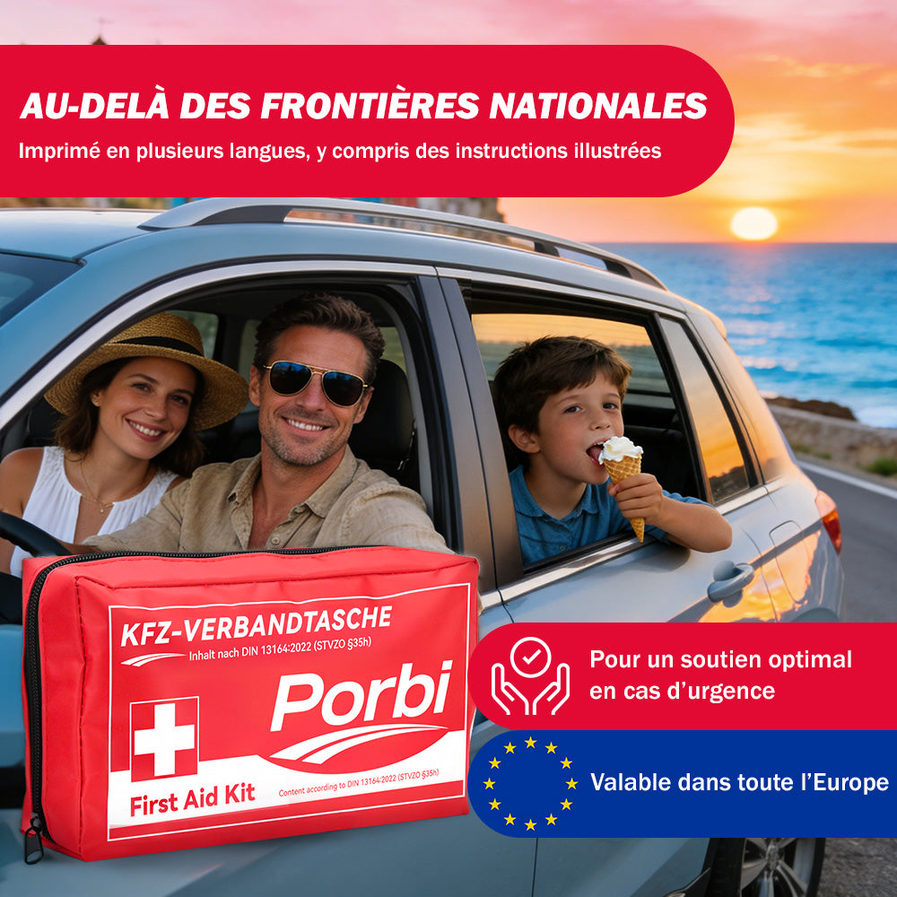 Trousse de premiers secours Porbi pour voiture, conforme à la norme DIN 13164, contient tout le matériel médical d'urgence nécessaire pour véhicules, voyages et accidents de la route, Rouge