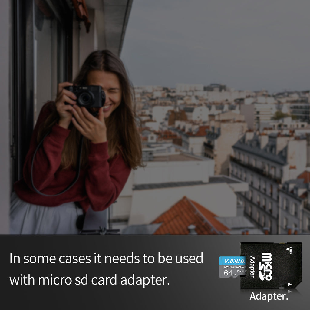 KAWA Carte Micro SD 64 Go, Carte de surveillance vidéo haute endurance, Carte mémoire flash microSDXC, A1, U3, Classe 10, V30, Carte TF haute vitesse pour Dashcam, caméra de sécurité