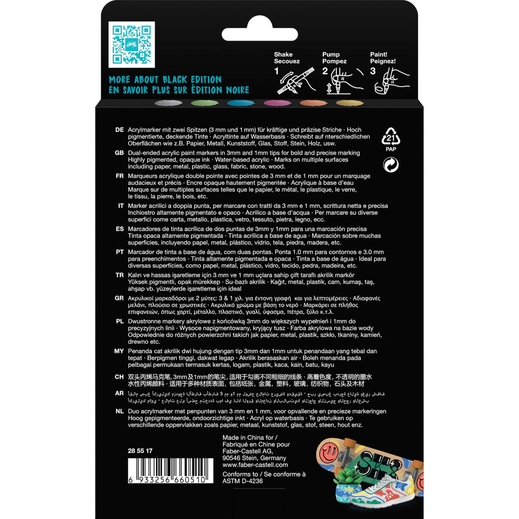 Faber-Castell Marqueurs acryliques Black Edition Shake & Paint, 6 pièces, couleurs métalliques