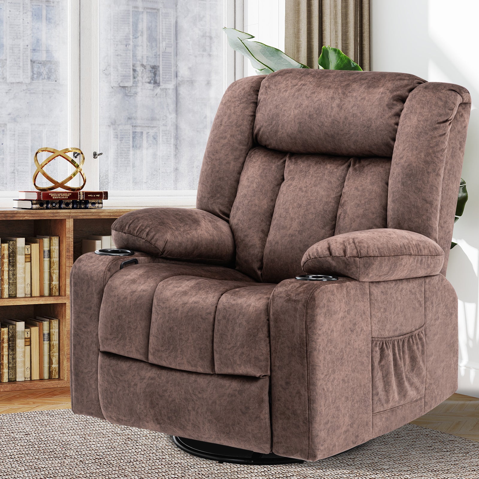 COMHOMA Chaise de relaxation manuelle pivotante pour adultes avec dossier réglable et repose-pieds, chaise de salon 361°, porte-gobelet, poches latérales, tissu doux, ergonomique, marron