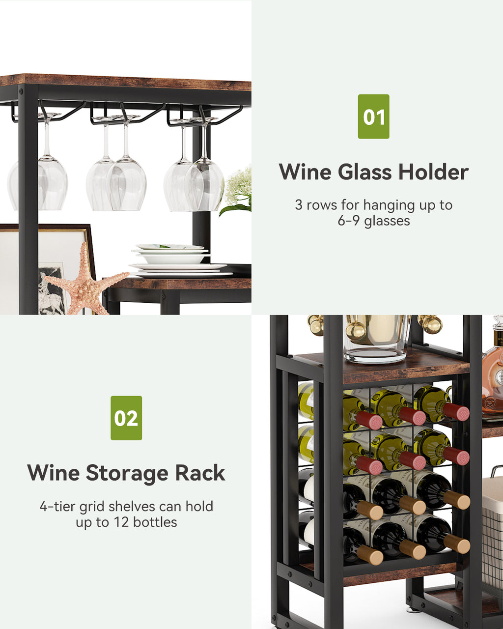 LANTINE Casier à vin, Base autoportante, Étagère à vin de cuisine 5 niveaux avec porte-verres et rangement à vin, Casier à vin industriel, Meuble bar à vin, Pour bar, cuisine