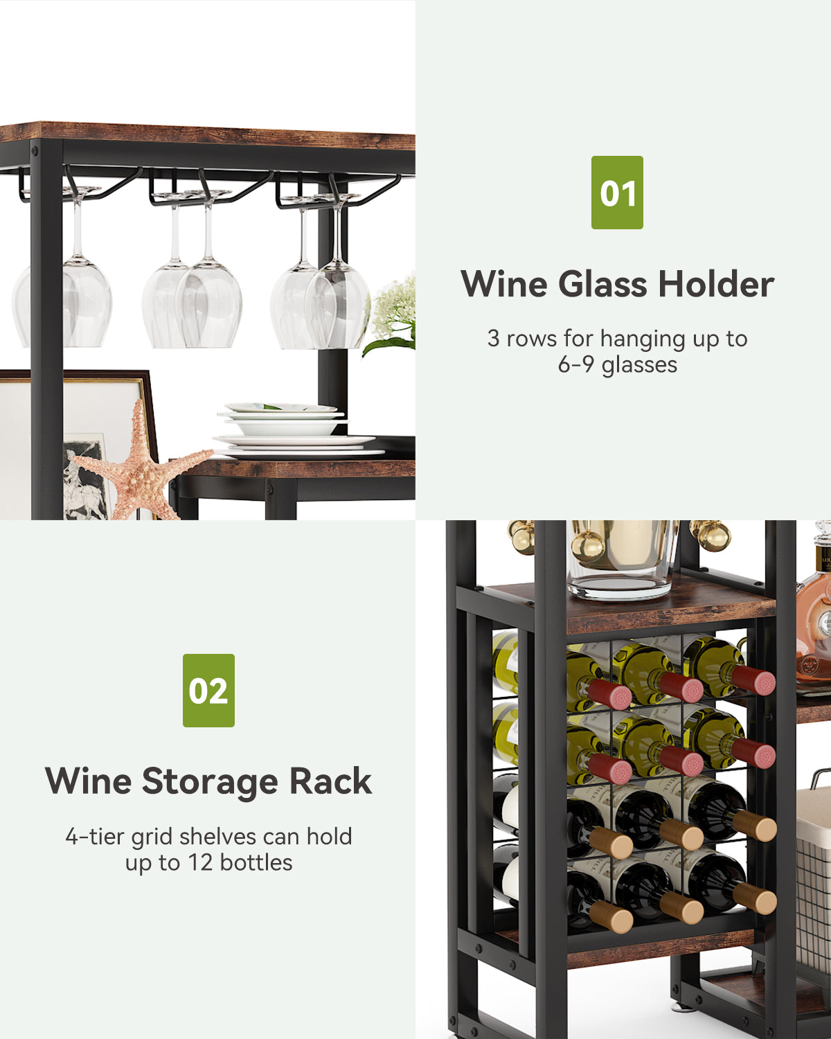 LANTINE Casier à vin, Base autoportante, Étagère à vin de cuisine 5 niveaux avec porte-verres et rangement à vin, Casier à vin industriel, Meuble bar à vin, Pour bar, cuisine