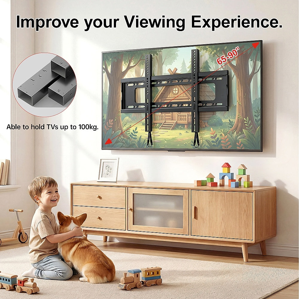 Support mural TV fixe pour téléviseurs de 65 à 90 pouces, VESA max 600 x 600 mm, supporte jusqu'à 100 kg, conception basse et peu encombrante, compatible avec les murs en béton