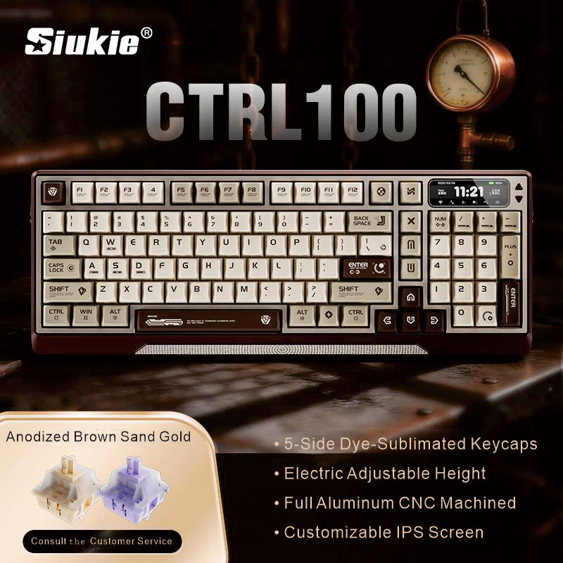 Siukie CTRL100 Clavier mécanique en aluminium CNC, Commutateurs HMX crème taro haute fidélité, Écran IPS personnalisé, Montage à joint, Sans fil tri-mode, Disposition 96 %, QWERTY américain, Marron