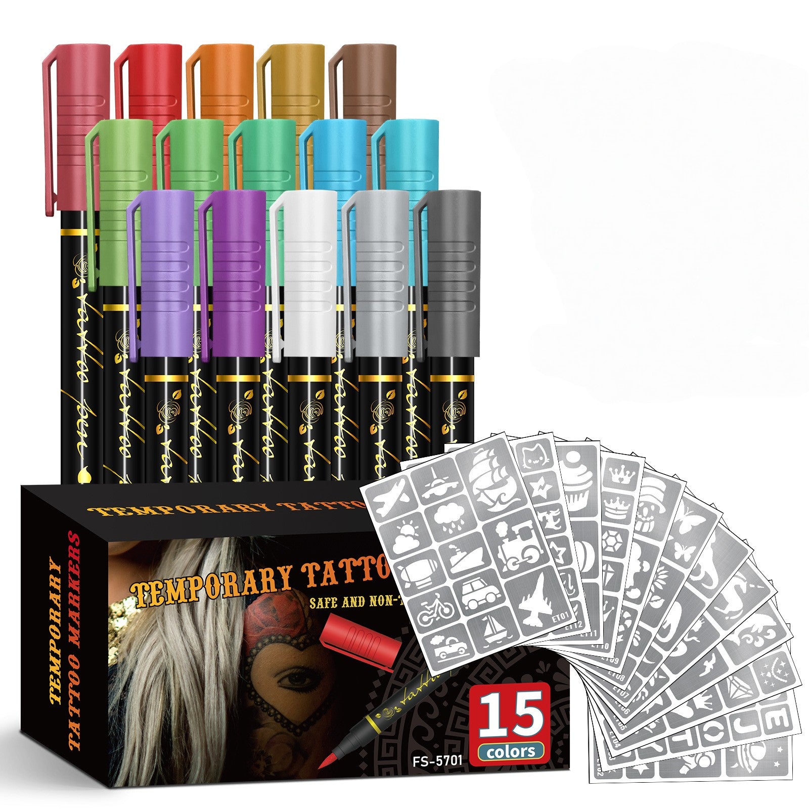 Set de 15 feutres imperméables de tatouage temporaire et 12 pochoirs de tatouage
