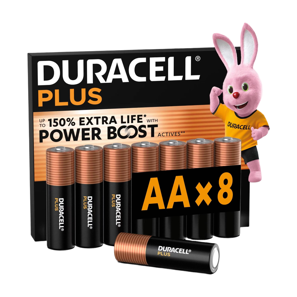 DURACELL Plus Lot de 8 piles AA alcalines 1,5 V, durent jusqu’à 150 % plus longtemps grâce aux Actifs POWER BOOST, fiables pour vos appareils du quotidien, emballage 0 % de plastique