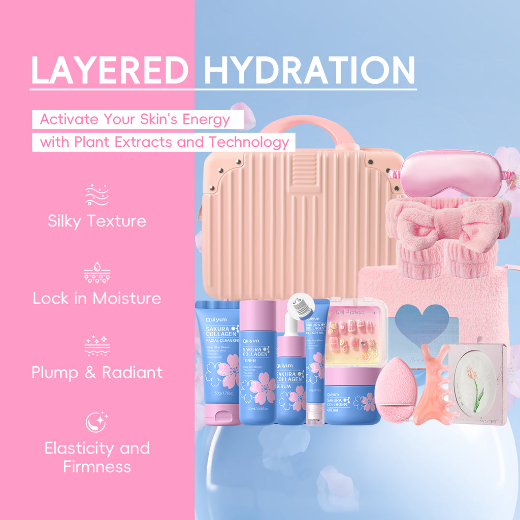 Quiyum Coffret de soins Sakura au collagène (13 pièces) : Nettoyant 50 g, Lotion tonique 120 ml, Sérum 30 ml, Crème contour des yeux 20 g, Crème 50 g, Stickers pour ongles, Bandeau