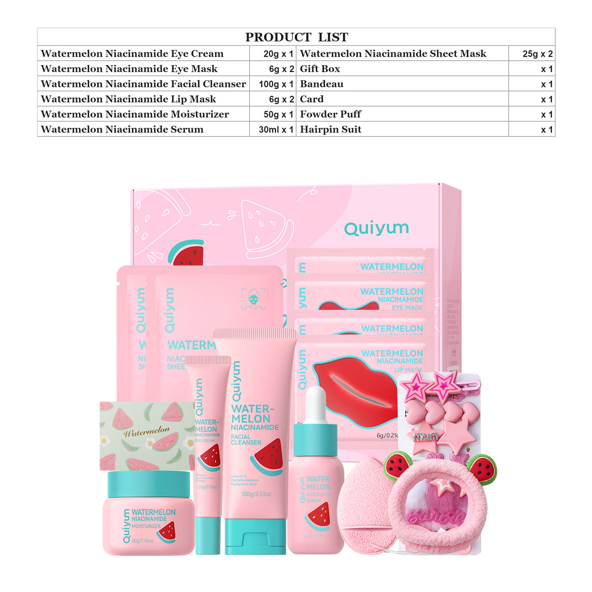 Quiyum Coffret de soins à la pastèque (13 pièces) - Nettoyant pour le visage 100 g, Sérum 30 ml, Crème contour des yeux 20 g, Crème pour le visage 50 g, Masque pour les yeux 6 g × 2, Masque pour les lèvres 6 g × 2, Masque pour le visage 25 g × 2, Ave