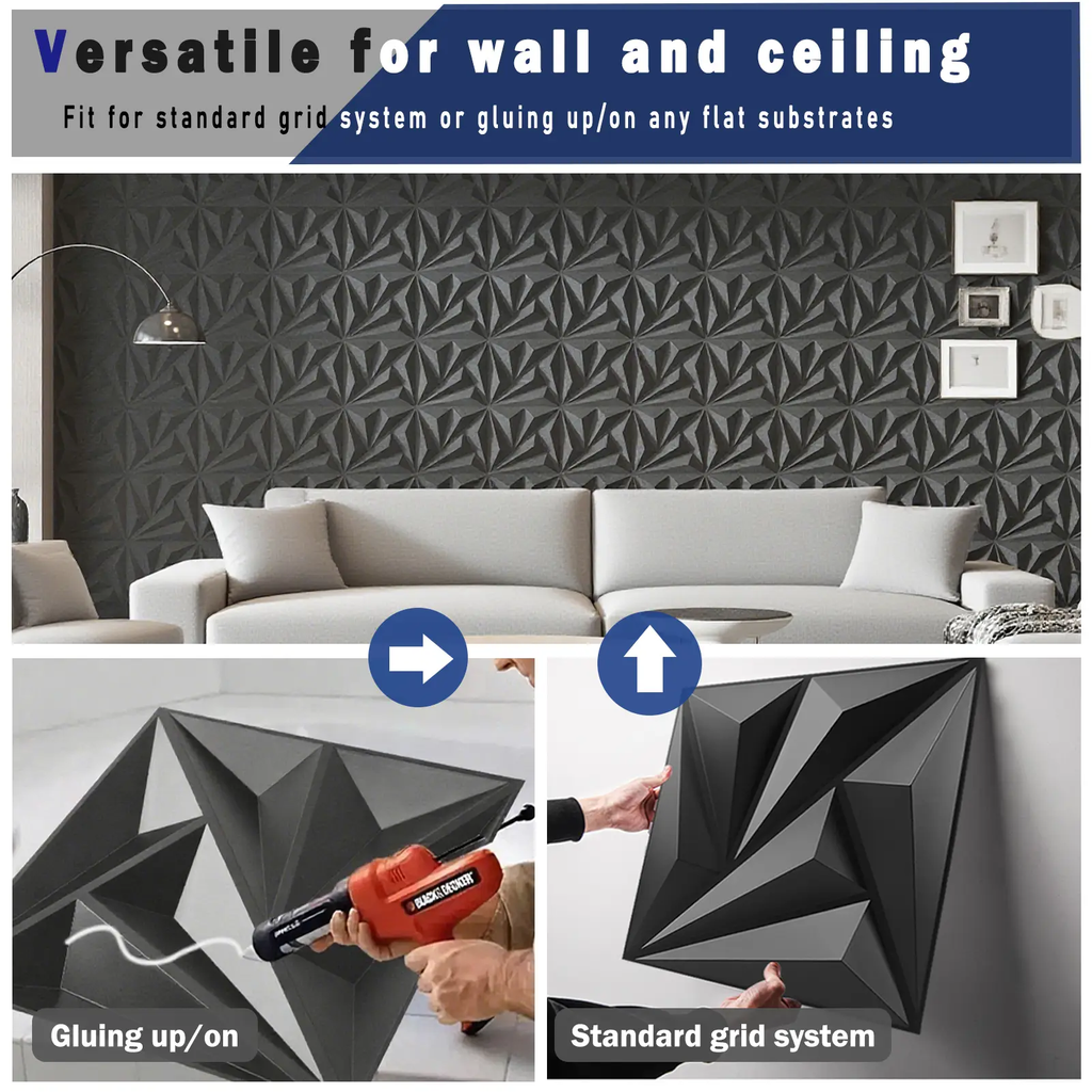 Art3d Panneaux muraux 3D en PVC Premium – Carrelages texturés modernes pour la décoration intérieure et de bureau (30 x 30 cm, Noir, Lot de 20)