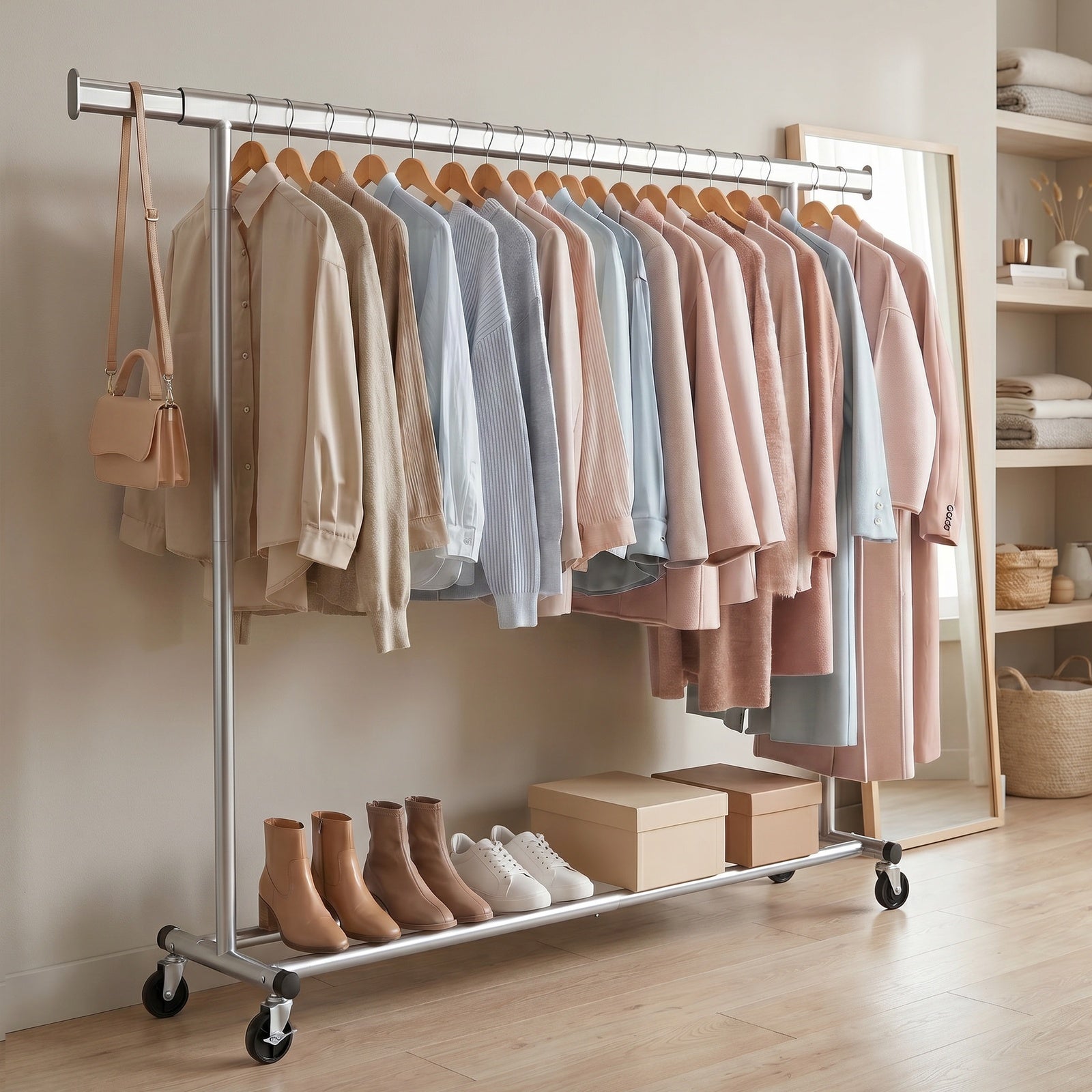 JOYFURNOS Portant à Vêtements sur Roulettes, Portant à Vêtements Réglable, Robuste, Pour Chambre, Capacité 150 kg, Montage Facile, Argent