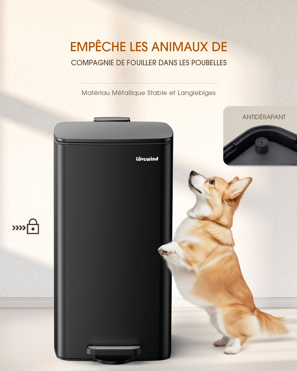Lovewind Poubelle de cuisine avec couvercle, 8 gallons/30 L poubelle à pédale pour cuisine chambre bureau à domicile, Poubelle de 30 litres bac à déchets en acier inoxydable brossé avec couvercle à fermeture douce, noir