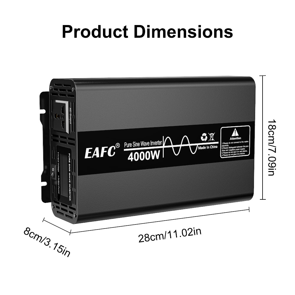 EAFC Onduleur à onde sinusoïdale pure 4000 W Pic 4000 W / Puissance nominale 2000 W avec technologie au silicium amorphe, convertisseur 12 V CC vers 220 V CA, prise universelle
