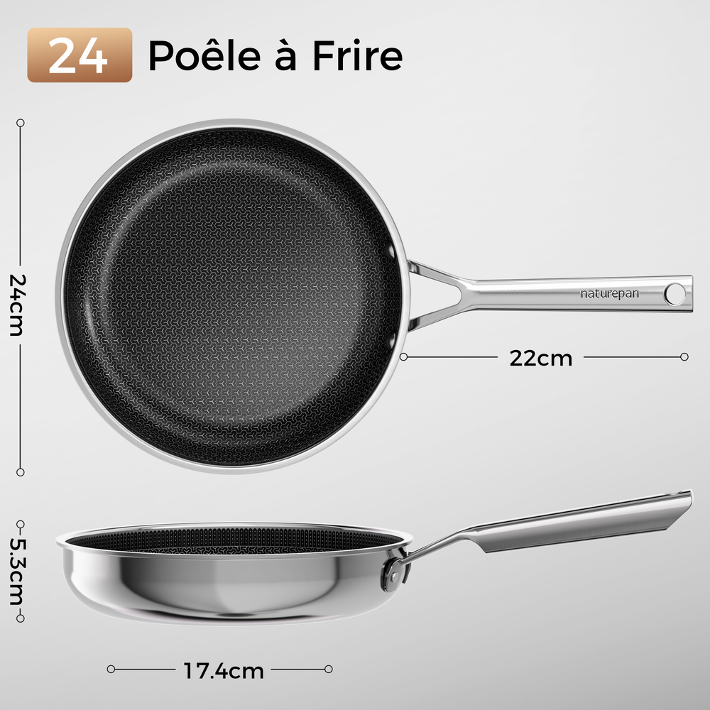 naturepan Poêle Hybride Acier Inoxydable 24 cm, Revêtement Céramique Diamant Titane, Structure 5 Couches, Surface Nid d'Abeille Laser, Compatible Induction, Poignée Froide, Lave-vaisselle