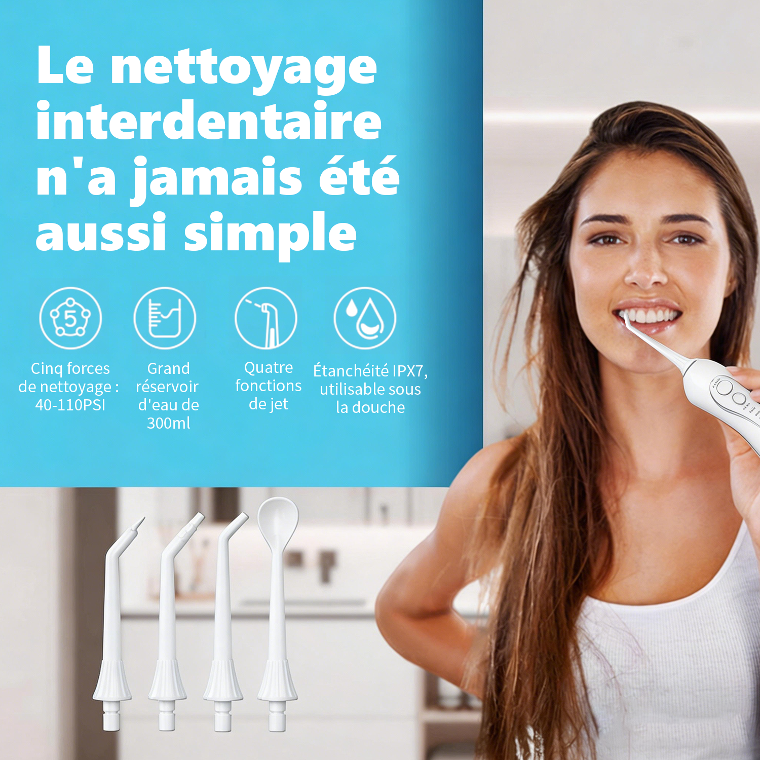Sunluxy Hydropulseur dentaire sans fil portable – Pression d'eau puissante 140 PSI, 5 Modes, Buse rotative à 360°, Grand réservoir d'eau 300 ml, Autonomie longue durée 40 jours
