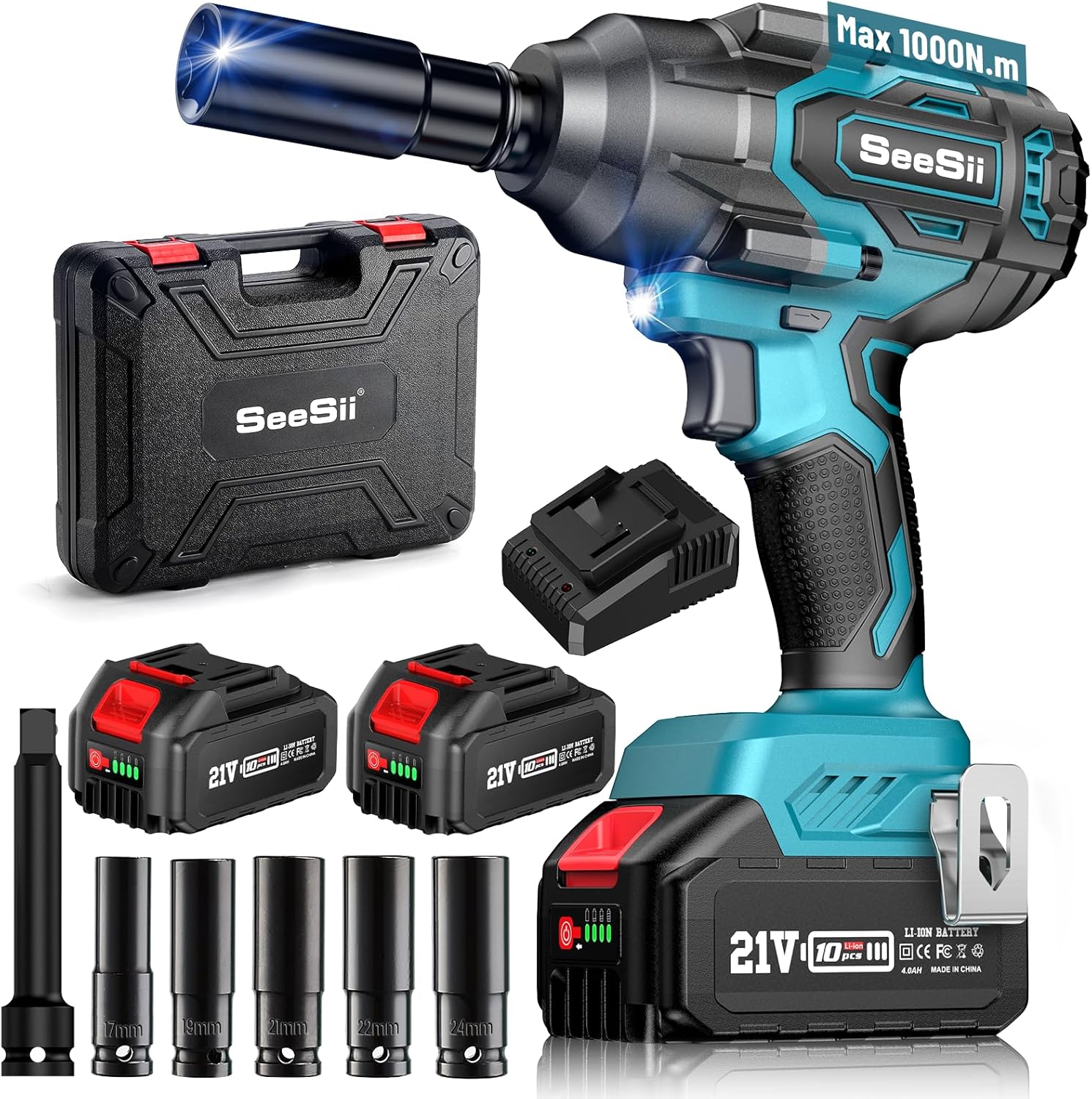 SEESII Clé à chocs sans fil 1000 Nm (740 lb-pi) 2400 tr/min 1/2" à haute couple avec batterie 21 V 2 x 4,0 Ah, 5 douilles et coffret, pour vis et écrous, retrait de pneus de voiture et de camion