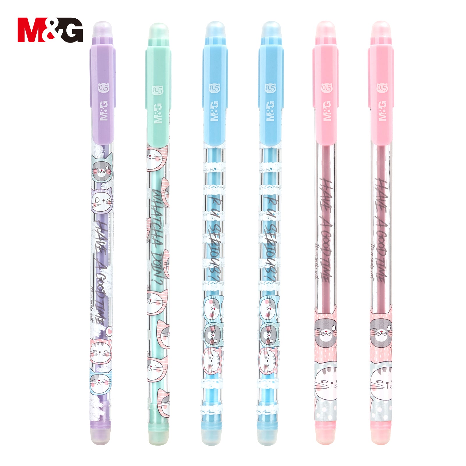 M&G Plein de chats Stylos gel effaçables, Lot de 6 stylos effaçables à encre noire, Pointe fine 0,5 mm, Motif chat mignon